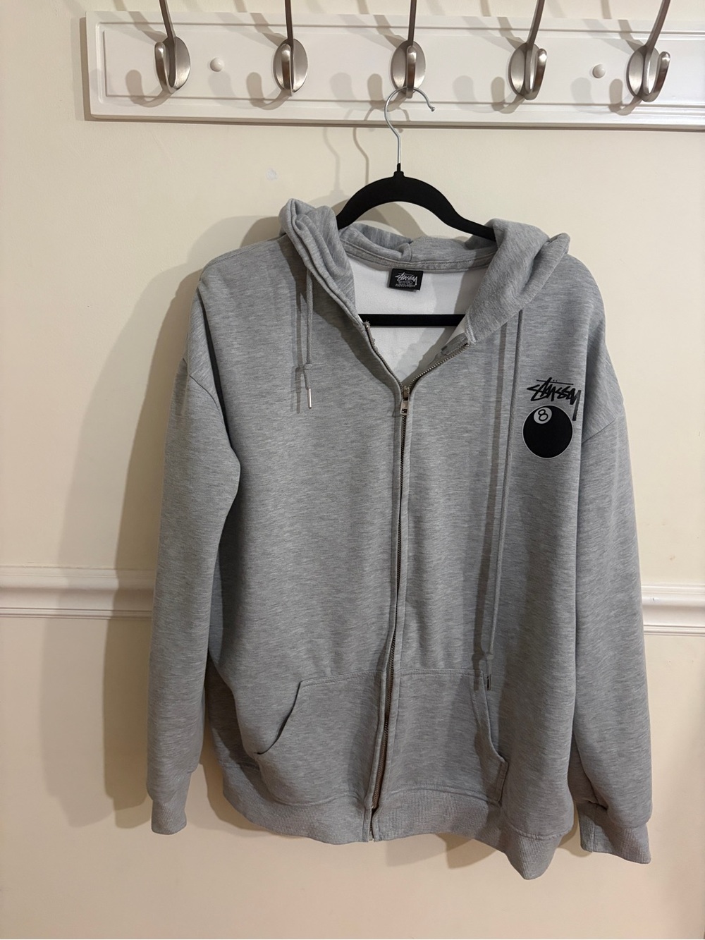 Light Gray Men’s Full-Zip Hoodie with 8-Ball Logo
